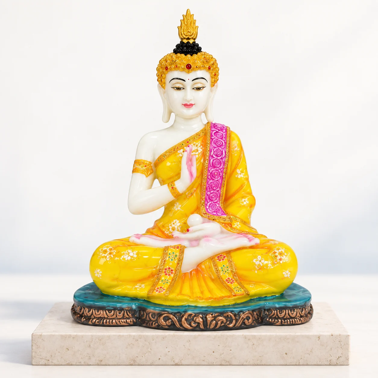 Yellow Buddha with Pink Shawl — styled image Styled product image of Yellow Buddha with Pink Shawl