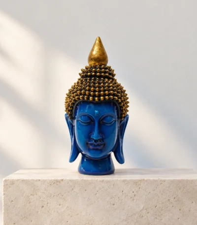 Styled product image of Blue Buddha Face with Gold Hair