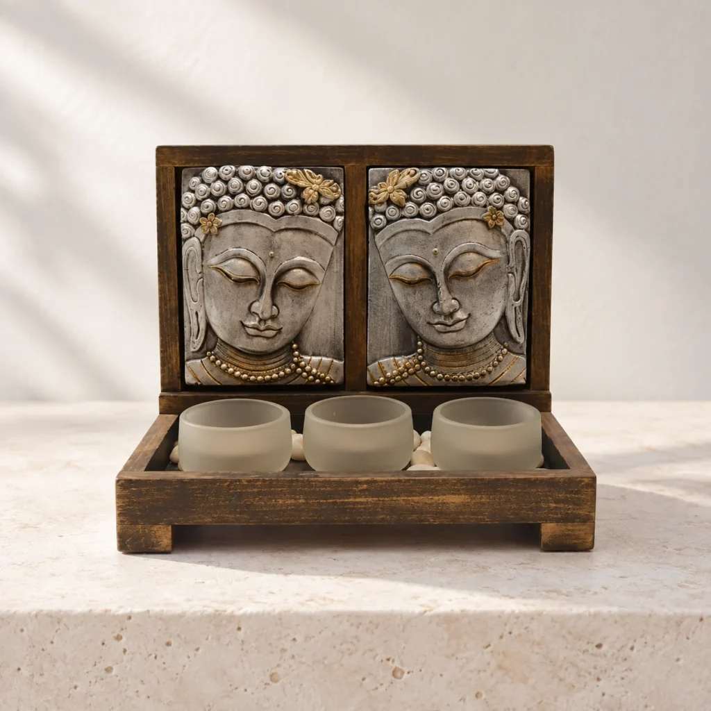 Styled product image of Twin Buddha Face Tealight Holder