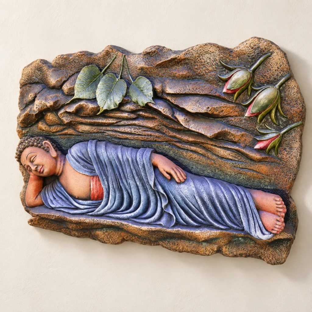 Styled product image of Reclining Buddha with Leaf and Flowers