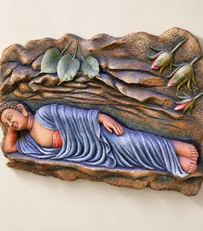 Styled product image of Reclining Buddha with Leaf and Flowers